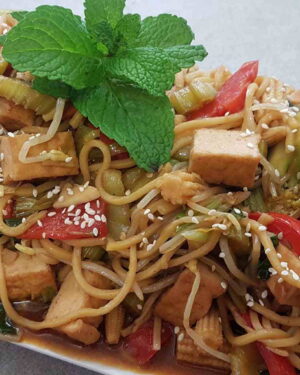 Vegetable Stir Fry with Tofu and Rice Noodles